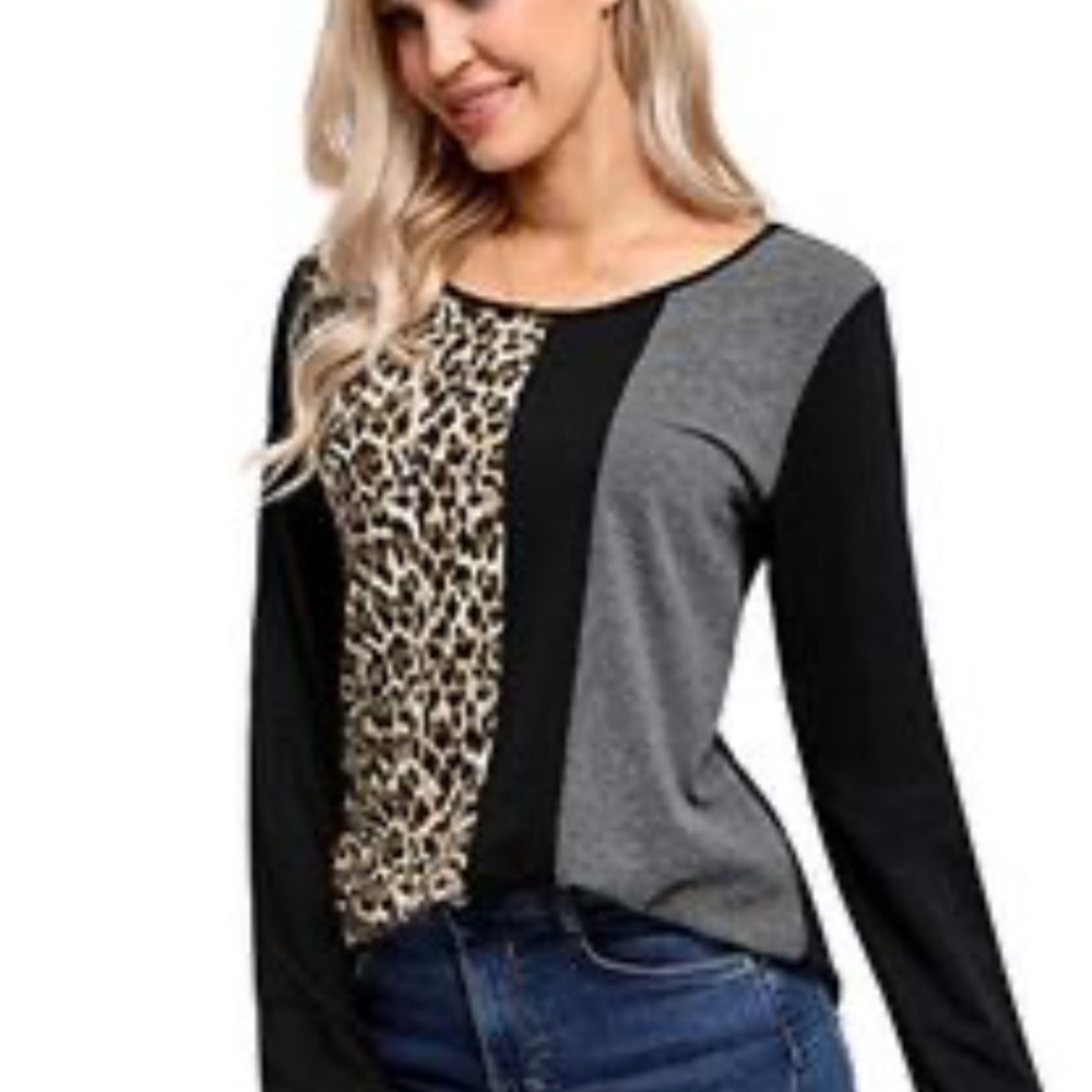 Leopard Print and Gray Colorblock Women's Top